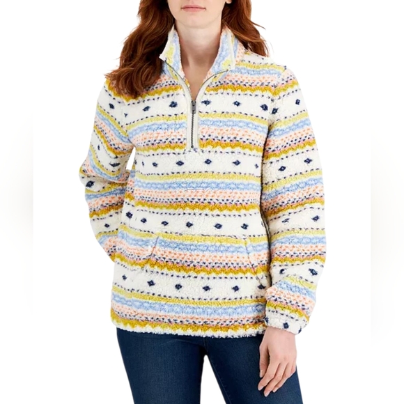 Style & Co. Sweaters - Style & Co Striped Soft Fleece Sherpa Teddy Pullover Sweater Cream Womens Large